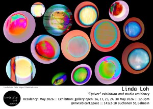 Image of a postcard invitation to the opening event of the Quiver 2026 art installation. The image comprises multiple luminous circles with abstract colourful interiors on a black background.